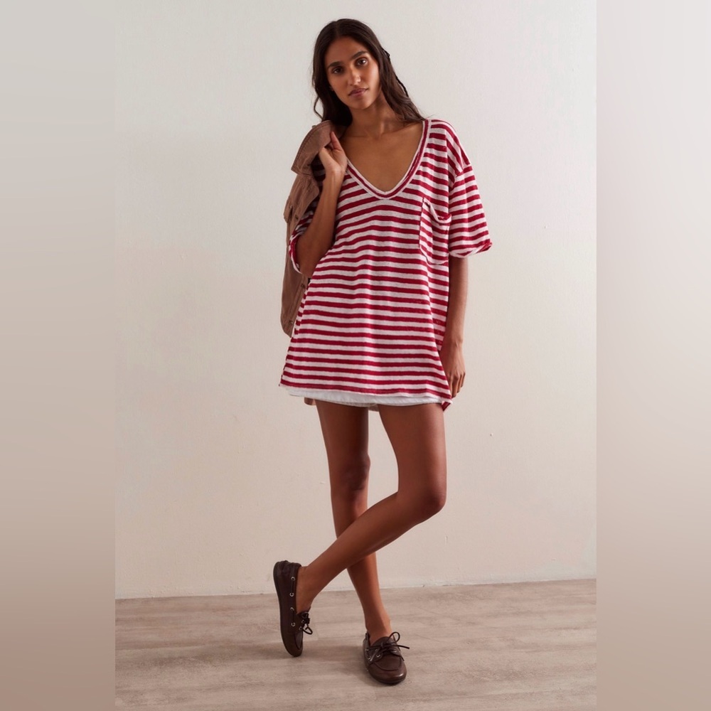Free People We The Free All I Need Stripe Tee V Neck Red and White Size Med